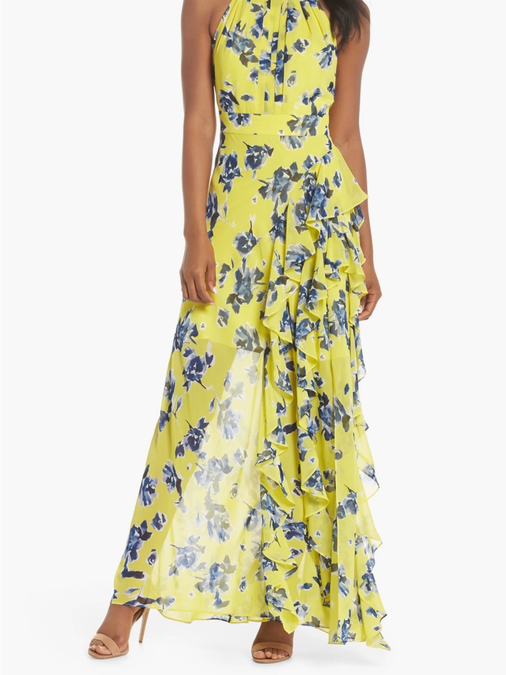 Eliza J Nordstrom Yellow Floral Halter Ruffle Maxi Dress with Blue Accents